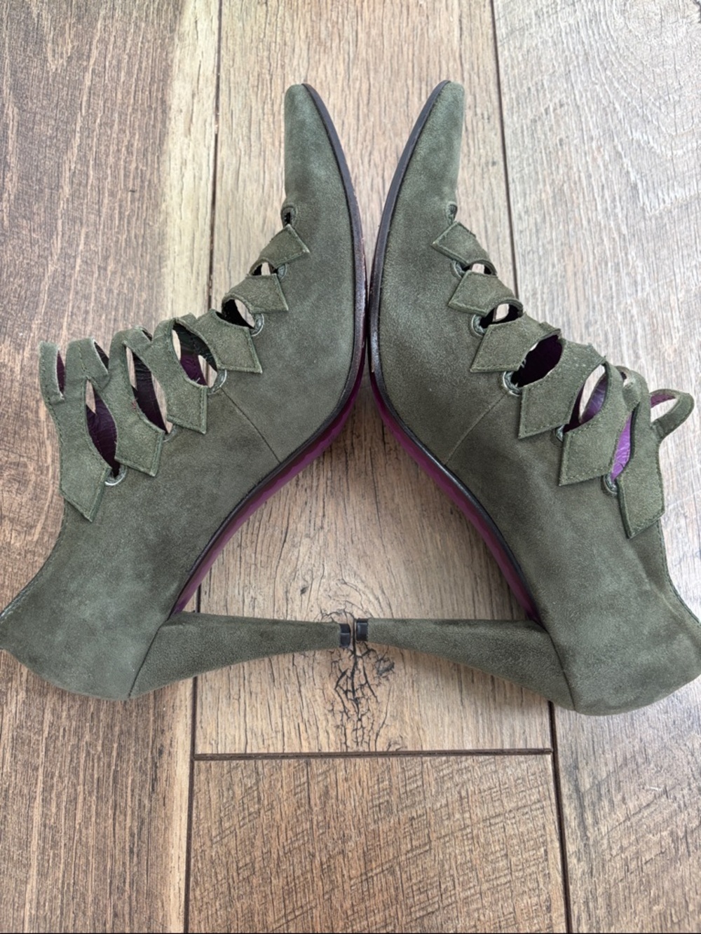 Etro Cage 1980s Leather Suede Olive Green Lace-Up Cage Stiletto Heels sz 9 1/2 - Picture 10 of 13